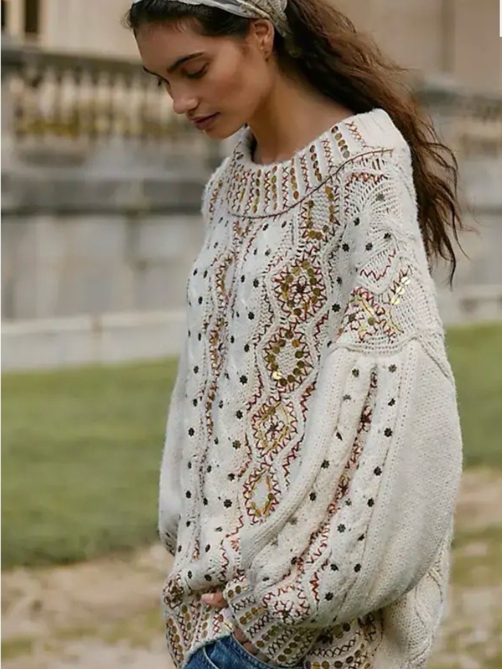 Free People Gilded Cable Embellished Pullover NWOT